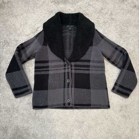 Barefoot Dreams CozyChic Black Grey Gray Plaid Shearling Cardigan Jacket Size XS - Picture 2 of 12